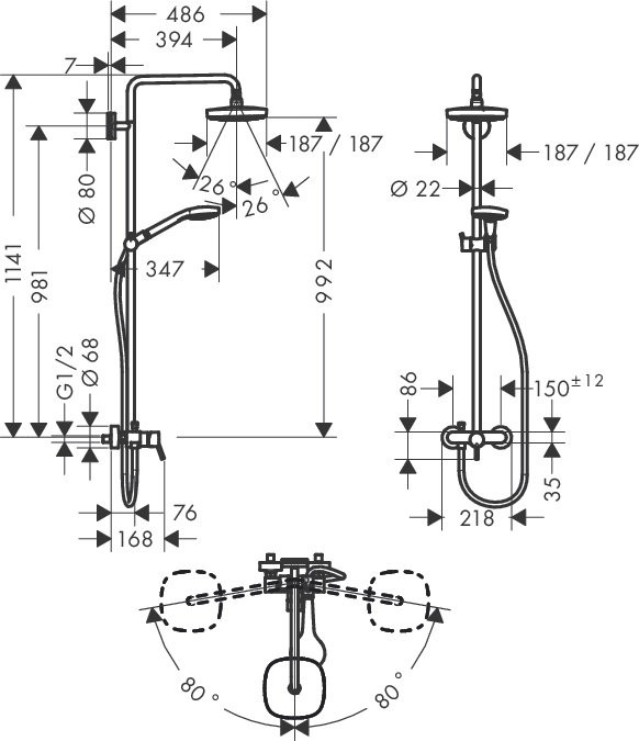 Душевая стойка Hansgrohe Croma 2jet Select E 180 с однорычажным смесителем