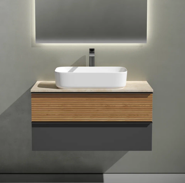 Тумба под раковину со столешницей Sancos Delta 100 дуб красный, графит, столешница бежевая, с отв. под смеситель