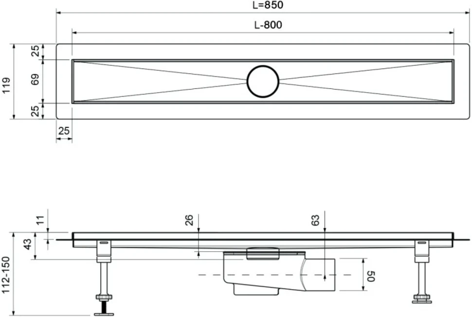 Душевой трап (лоток) Timo Drain Systems DS230208/01 800 двусторонняя панель plate под плитку, сатин