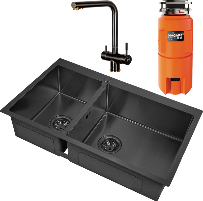 Комплект Мойка Zorg Inox PVD 78-2-51 R grafit + Смеситель Inox SZR-7039 BR/GRAFIT бронза графит + Измельчитель Omoikiri Nagare slim 1250