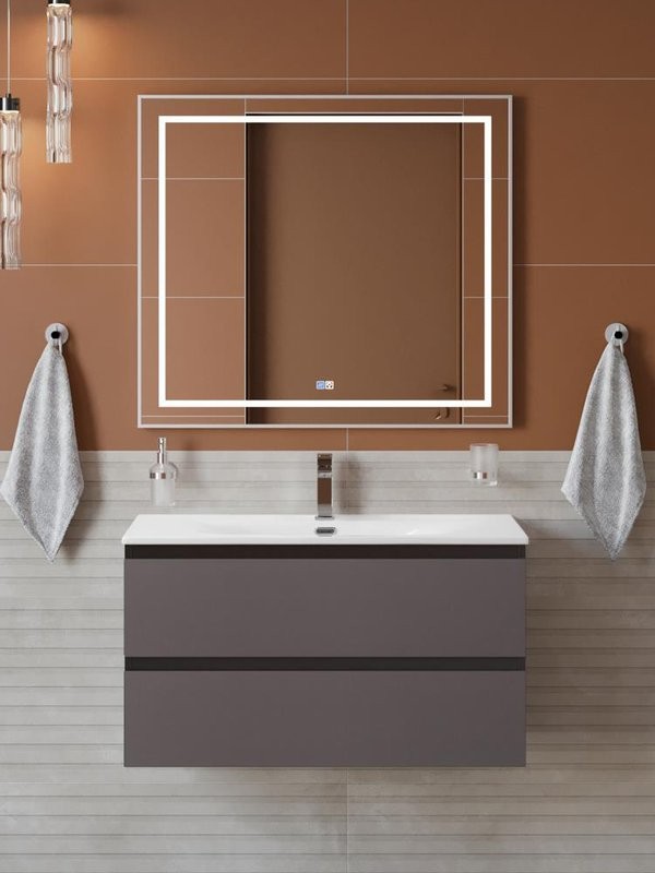 Мебель для ванной комнаты BelBagno Kraft 100 подвесная, матовая темно-серая, раковина bb-8099-100