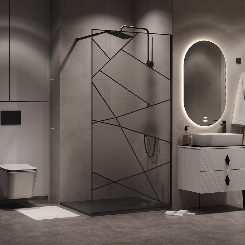 Душевая перегородка Niagara Nova NG-680-10BLACK 100х195, профиль матовый черный, стекло прозрачное с рисунком