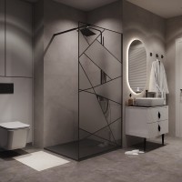 Душевая перегородка Niagara Nova NG-680-10BLACK 100х195, профиль матовый черный, стекло прозрачное с рисунком