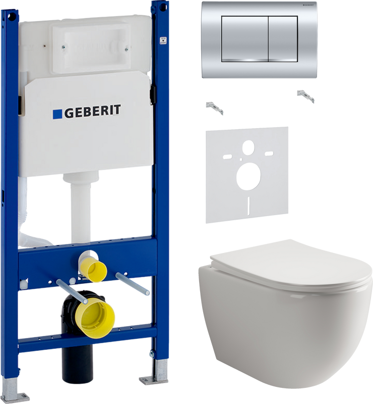 Комплект Унитаз подвесной Ceramicanova Mia Rimless CN1805 + Звукоизоляция Geberit + Инсталляция Duofix Delta 458.163.21.1 с кнопкой смыва, хром