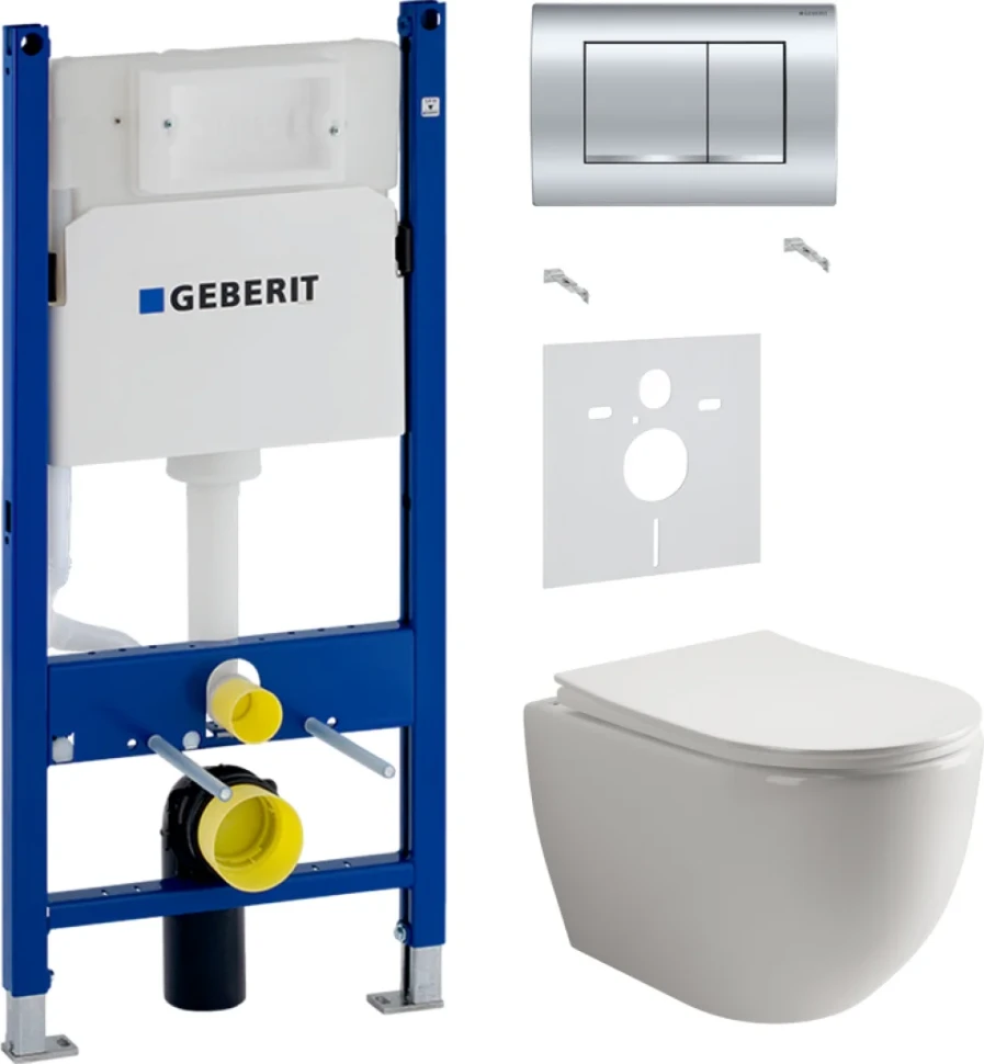 Комплект Унитаз подвесной Ceramicanova Mia Rimless CN1805 + Звукоизоляция Geberit + Инсталляция Duofix Delta 458.163.21.1 с кнопкой смыва, хром