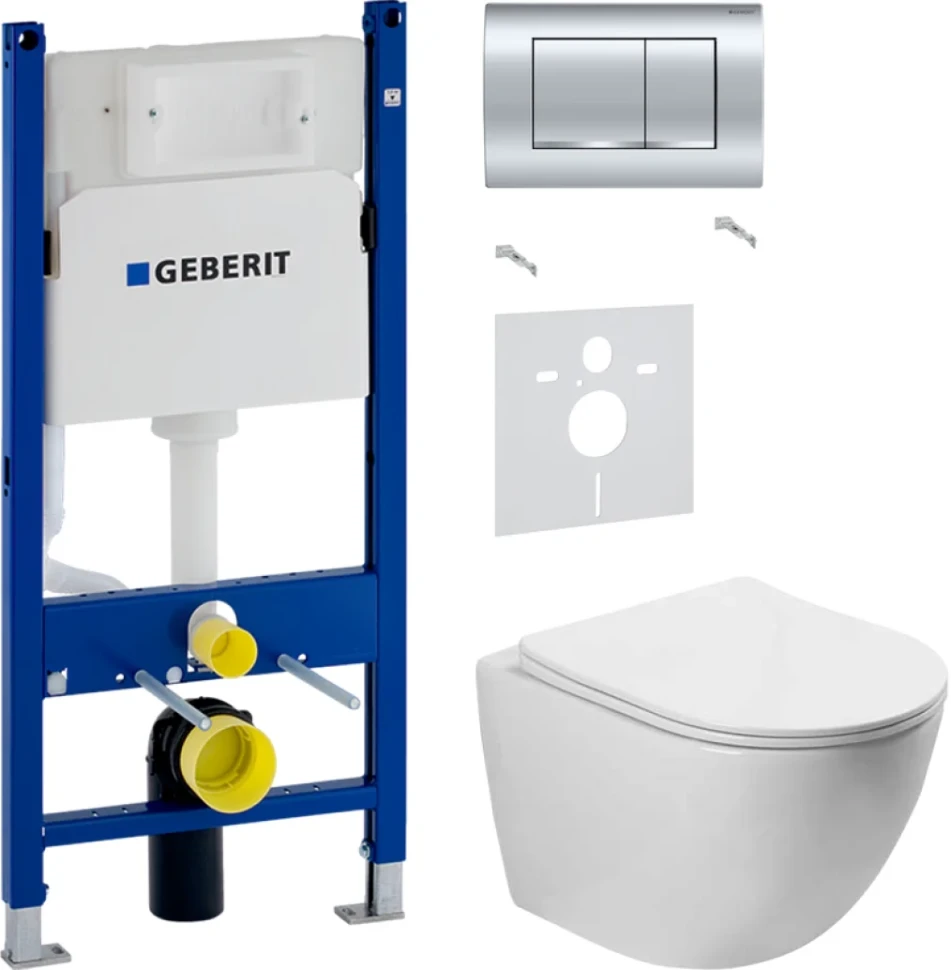 Комплект Унитаз подвесной Vincea Globo VT1-14S белый + Звукоизоляция Geberit + Инсталляция Duofix Delta 458.163.21.1 с кнопкой смыва, хром