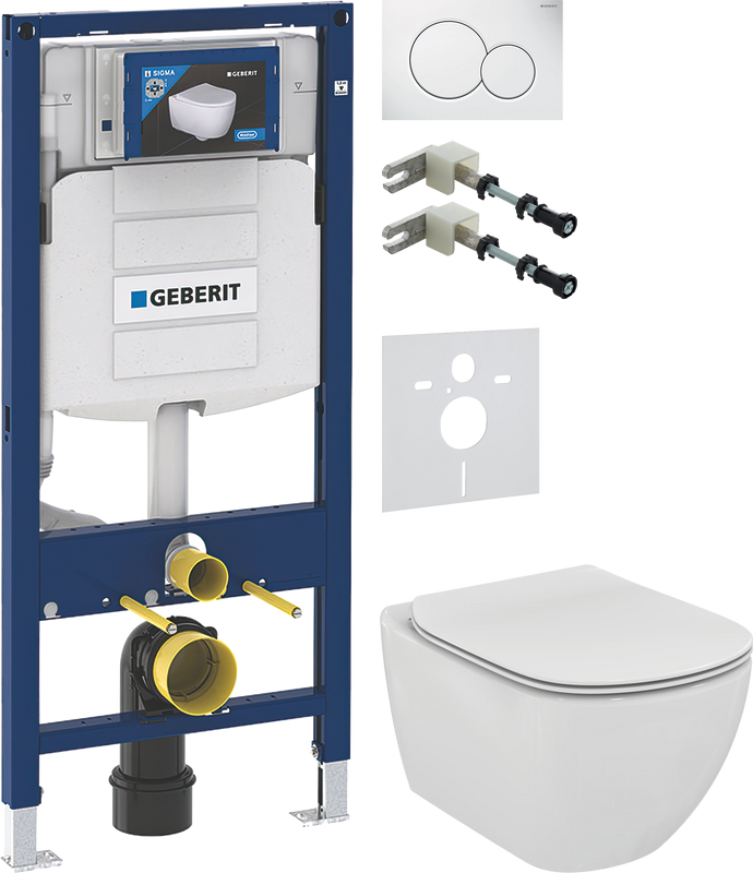 Комплект Унитаз подвесной Ideal Standard Tesi T354601 с микролифтом + Крепления Geberit Duofix 111.815.00.1 к стене + Звукоизоляция + Инсталляция UP 320 111.300.00.5 + Кнопка Sigma 01 115.770.11.5 белая