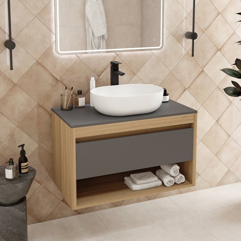 Тумба с раковиной Teymi Ritta 85 дуб эврика, матовый графит, раковина Solli 48