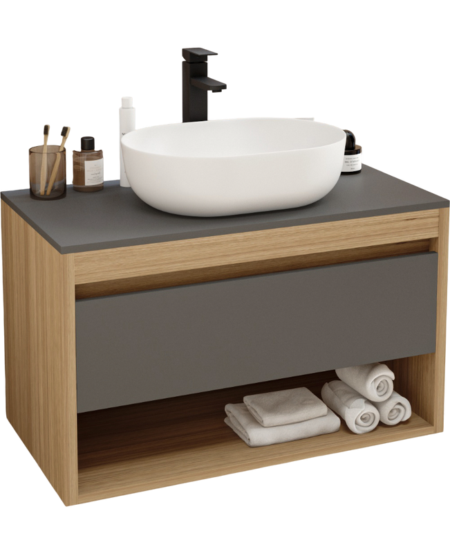 Тумба с раковиной Teymi Ritta 85 дуб эврика, матовый графит, раковина Solli 48