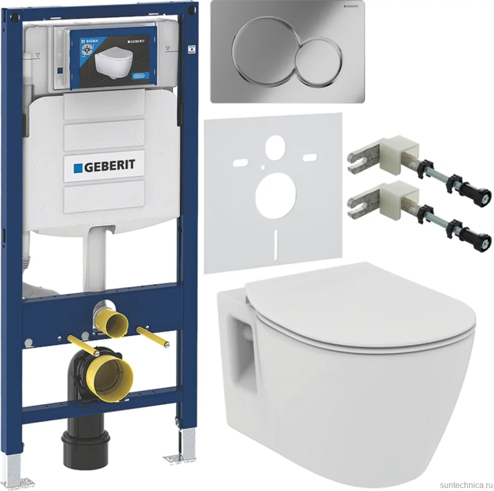 Комплект Унитаз подвесной Ideal Standard Connect + Крышка E772401 с микролифтом + Инсталляция Geberit Duofix UP 320 111.300.00.5 + Кнопка Sigma 01 115.770.21.5 хром + Крепления 111.815.00.1 к стене + Звукоизоляция