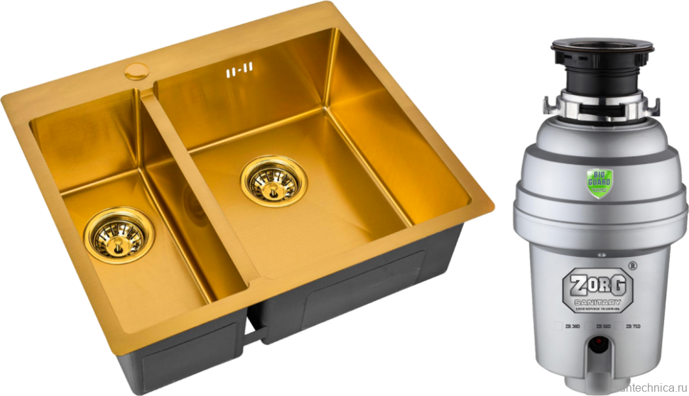 Комплект Мойка Zorg Inox PVD SZR-59-2-51-R BRONZE R, бронза + Измельчитель Inox D