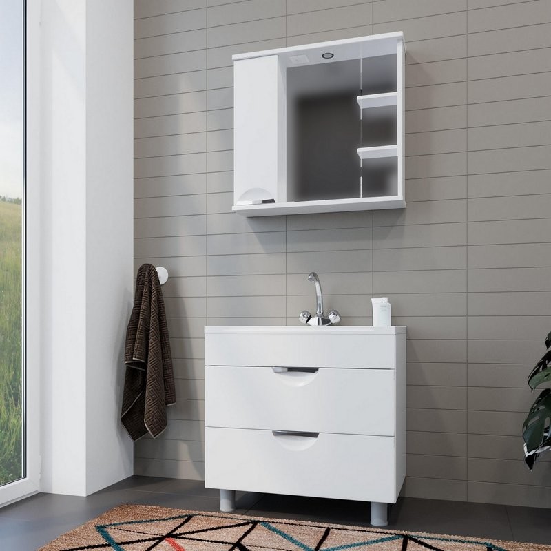 Шкаф с зеркалом в ванную MIXLINE 75х19х69,2 Белый ПВХ, полочки справа