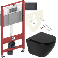 Комплект Унитаз подвесной BelBagno Colorato BB062CHR-MB матовый черный + Крышка BB062SC-MB матовая черная + Инсталляция TECE Now 9400414 4 в 1 с кнопкой смыва