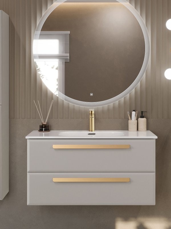 Тумба с раковиной Cezares Eco-Cer-N 100 серо-бежевая матовая, раковина CZR-8095-100, ручки сатиновое золото