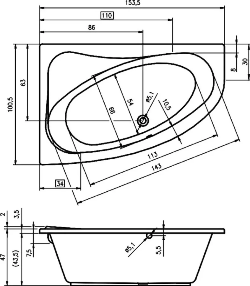 Акриловая ванна Riho Lyra R 155x100 см, угловая, правая, пристенная, белая, асимметричная, с каркасом, со сливом-переливом