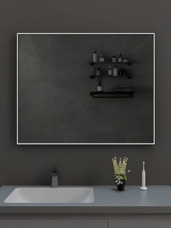 Зеркало в ванную с подсветкой Esbano ES-3803RDB 80x60 см для ванной профиль черный матовый прямоугольное, с инфракрасным выключателем, со встроенной LED подсветкой с регулировкой яркости, холодный свет, подогрев полотна