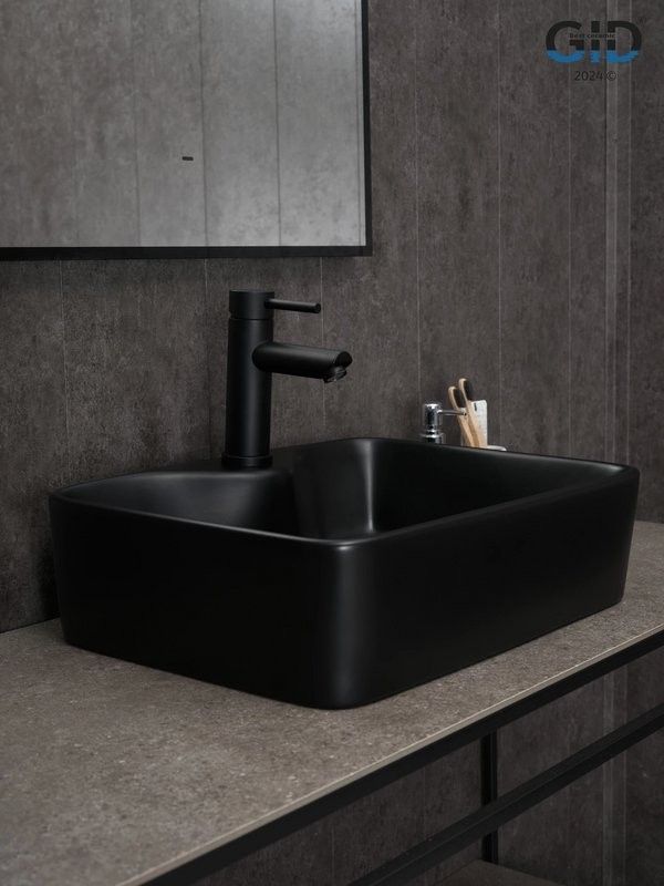Накладная раковина GID Geometrico Bm9091 48 матовая черная, прямоугольная, фаянс, с 1 отверстием под смеситель