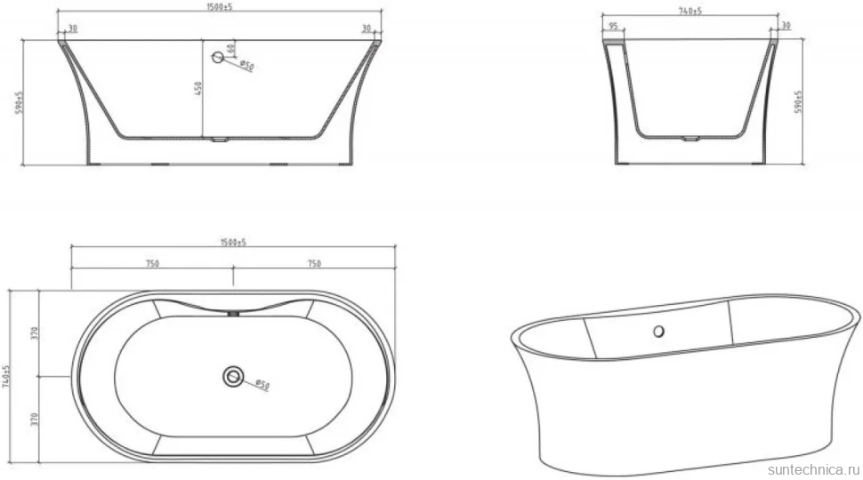 Акриловая ванна BelBagno BB201-1500-800 без опоры 150x80 см, отдельностоящая, белая, овальная, со сливом-переливом