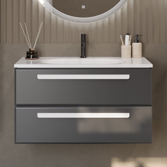 Тумба с раковиной Cezares Eco 90 2 ящика, ручки сатин, grafito