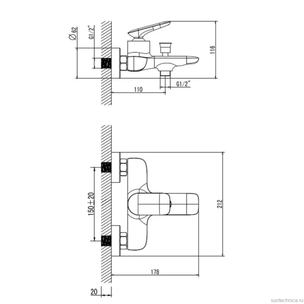 Смеситель для ванны с душевым гарнитуром, Хром, AQUAme Como AQM6512CR