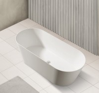 Ванна из искусственного камня Abber Stein AS9622 165x70 см, отдельностоящая, матовая белая, овальная, на ножках, с донным клапаном, фурнитура белая