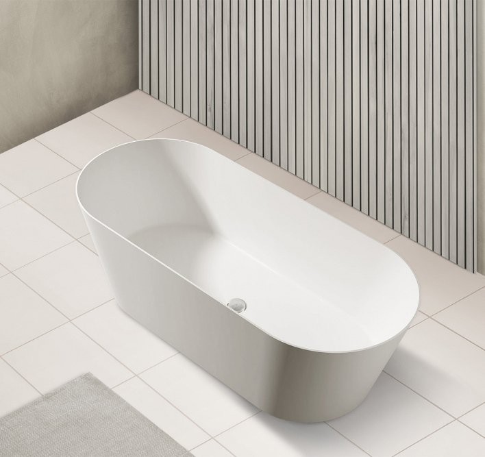 Ванна из искусственного камня Abber Stein AS9622 165x70 см, отдельностоящая, матовая белая, овальная, на ножках, с донным клапаном, фурнитура белая