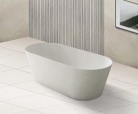 Ванна из искусственного камня Abber Stein AS9622 165x70 см, отдельностоящая, матовая белая, овальная, на ножках, с донным клапаном, фурнитура белая
