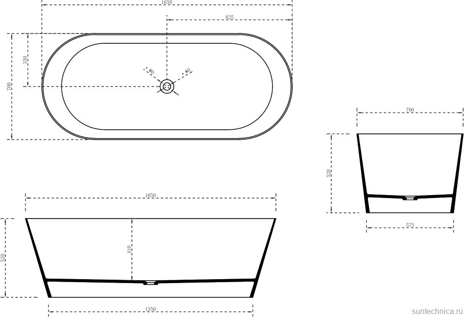 Ванна из искусственного камня Abber Stein AS9622 165x70 см, отдельностоящая, матовая белая, овальная, на ножках, с донным клапаном, фурнитура белая
