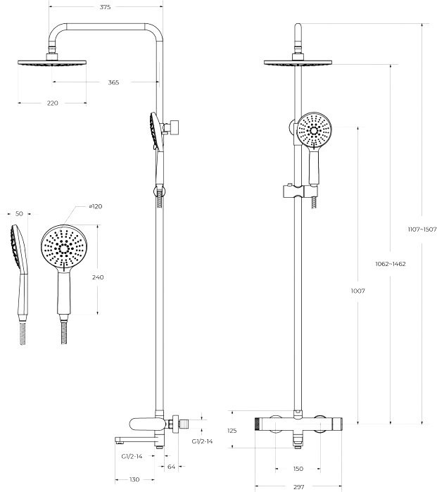 Душевая стойка Cezares Stylus STYLUS-CVD-IN со смесителем и изливом, сатин