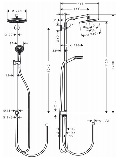 Душевой комплект Термостат Hansgrohe Ecostat universal 13123000 для ванны с душем + Стойка Crometta S 240 1jet Showerpipe Rеno 27270000 EcoSmart