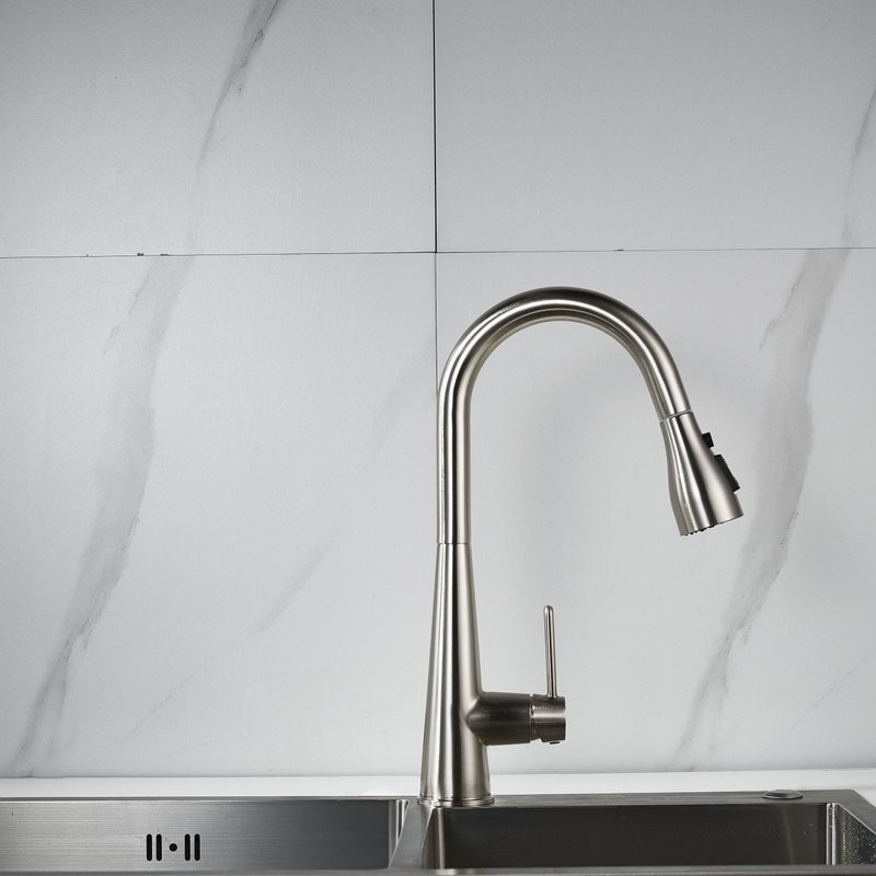 Смеситель для кухни с выдвижным изливом Shevanik S363L, сатин