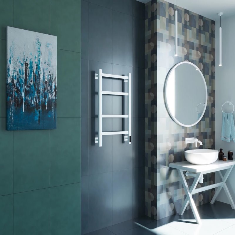 Полотенцесушитель электрический Grota Nosto 430х800 RAL9016 EL 80x45 см, подключение справа, слева, скрытое подключение справа, матовый белый, лесенка, из стали