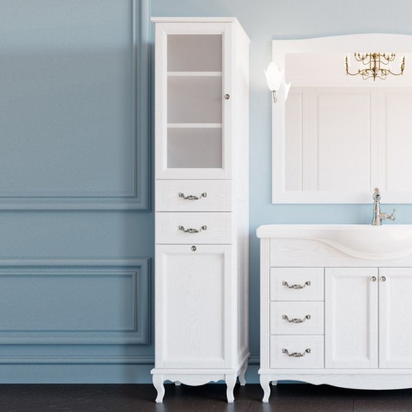 Шкаф пенал для ванной ValenHouse Эллина 40 L с бельевой корзиной, белый, фурнитура хром