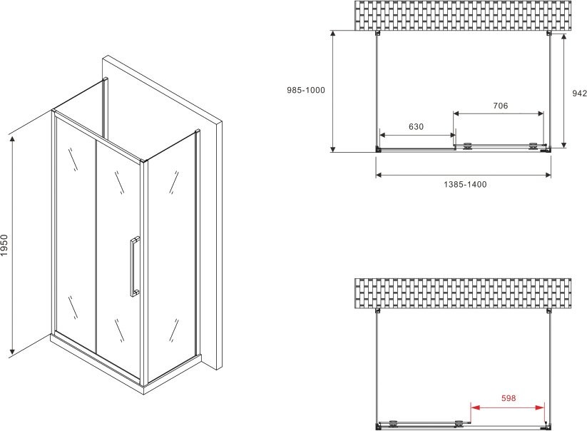 Душевой уголок Abber Schwarzer Diamant AG30140BH-S100B-S100B 140х100, профиль черный, стекло прозрачное