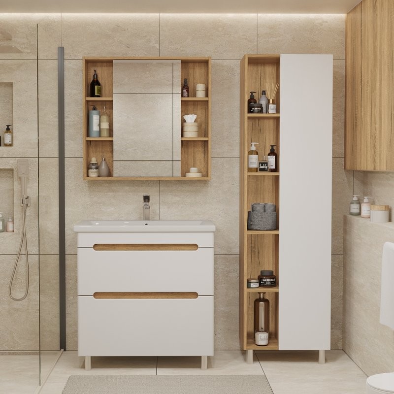 Тумба с раковиной SanStar Diva 80 напольная, матовая белая, дуб вотан, раковина Como 80