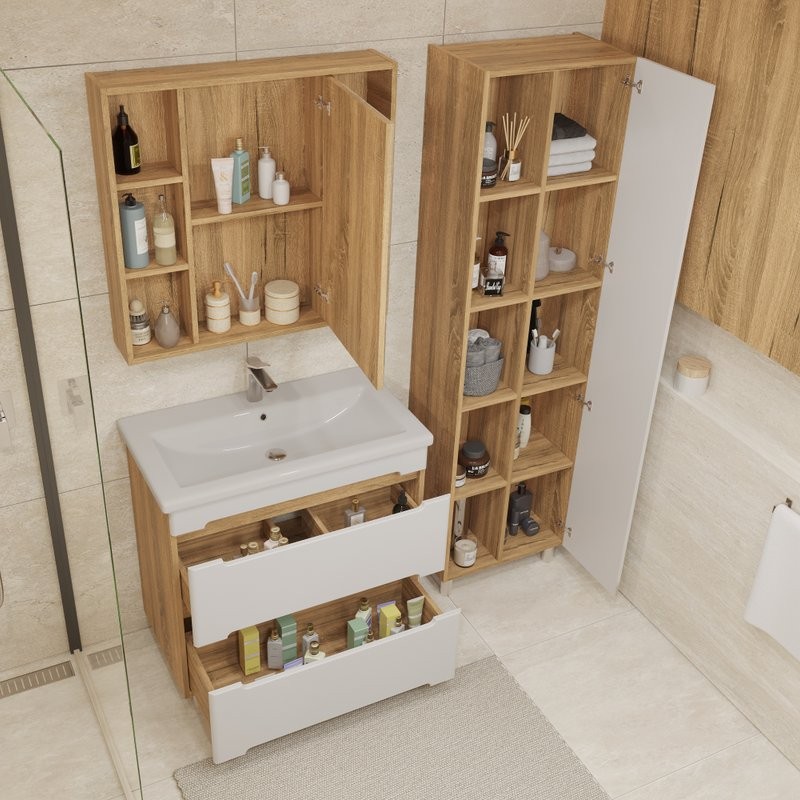 Тумба с раковиной SanStar Diva 80 напольная, матовая белая, дуб вотан, раковина Como 80