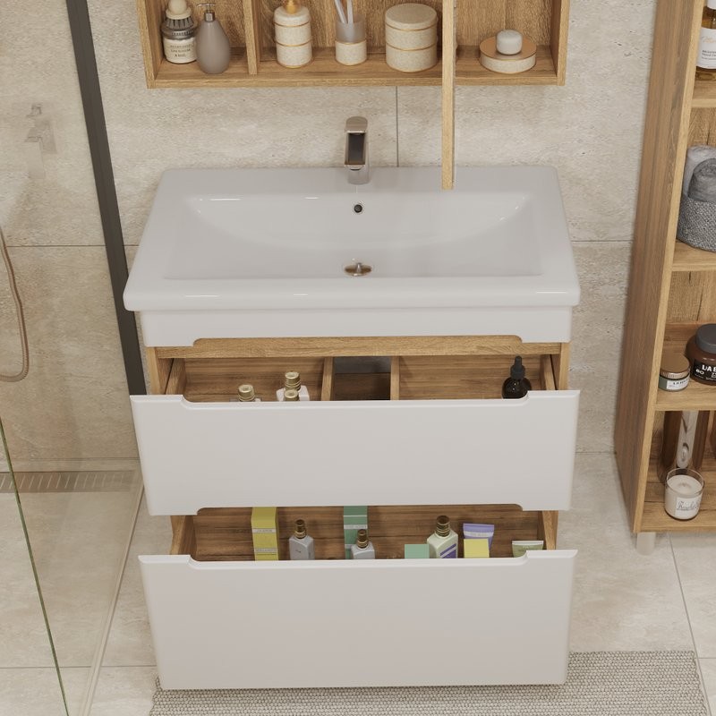 Тумба с раковиной SanStar Diva 80 напольная, матовая белая, дуб вотан, раковина Como 80