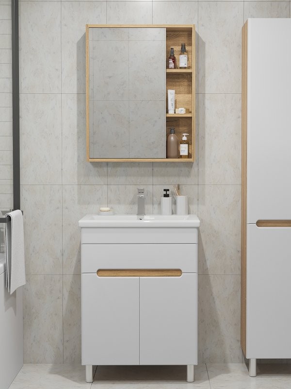 Мебель для ванной комнаты SanStar Модена 50 напольная, глянцевая белая, дуб вотан, раковина Como 50