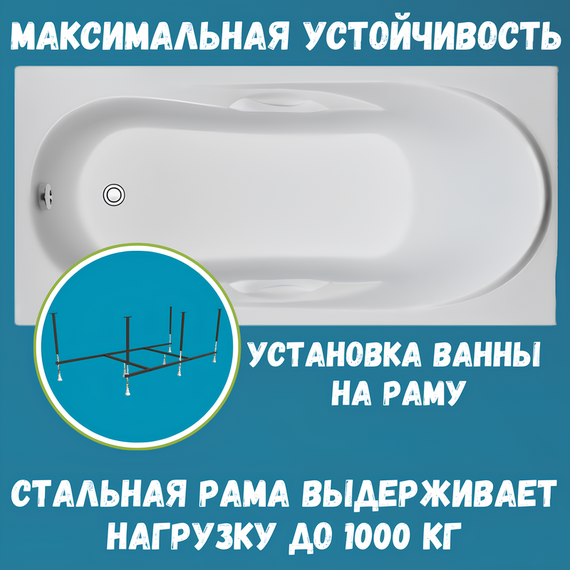 Акриловая ванна 1MarKa Medea Стандарт 2 150x70 см, встраиваемая, белая, с каркасом, со сливом-переливом