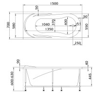 Акриловая ванна 1MarKa Medea Стандарт 2 150x70 см, встраиваемая, белая, с каркасом, со сливом-переливом