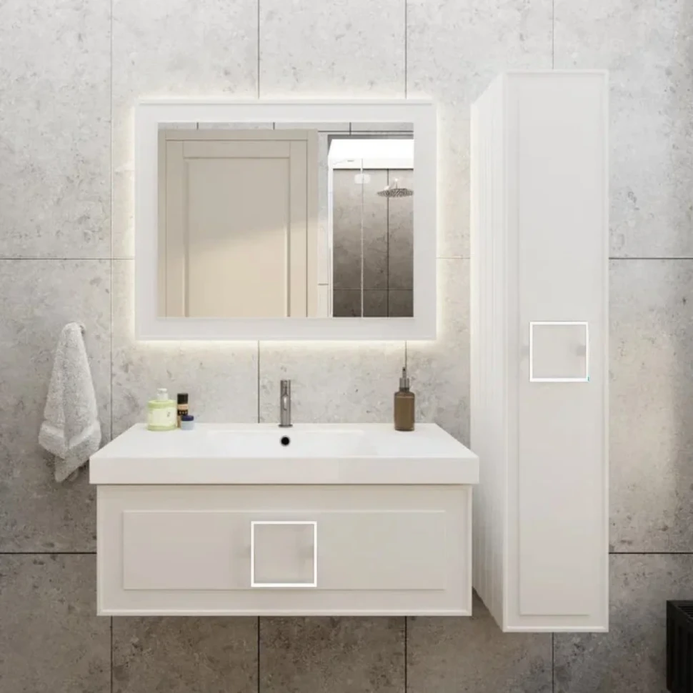 Тумба с раковиной La Fenice Cubo 100 подвесная, bianco, ручка белая, раковина Cubo 100