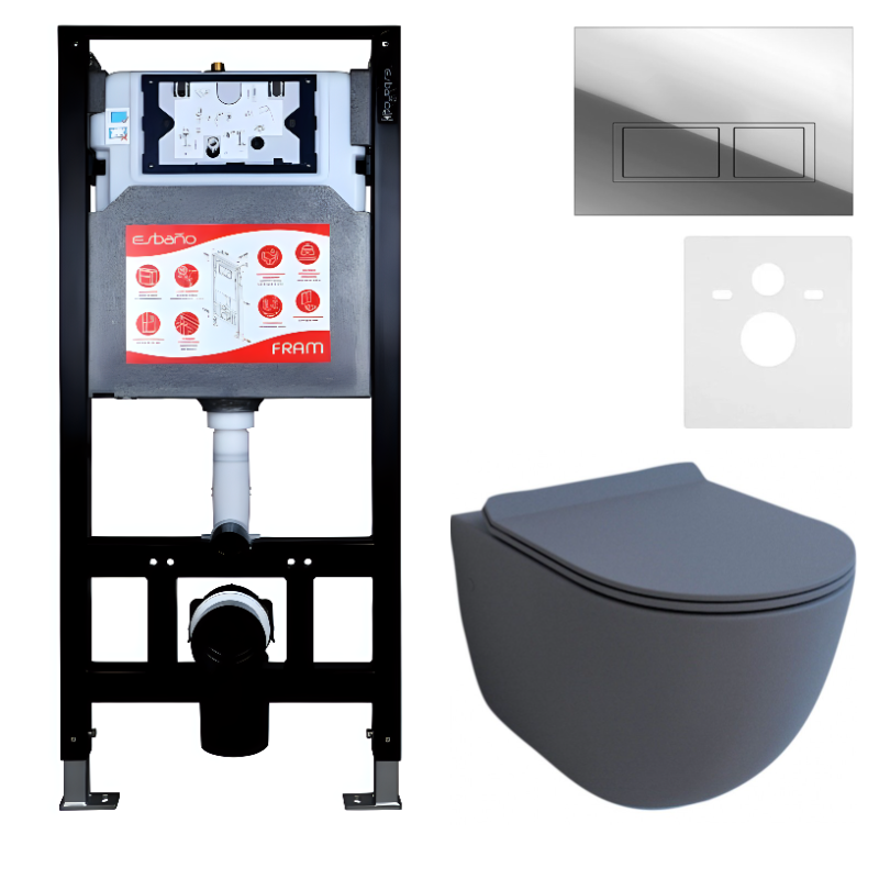 Комплект Унитаз подвесной Esbano Garcia ESUPGARCGM матовый серый + Инсталляция Fram + Кнопка ESINPRK12SC