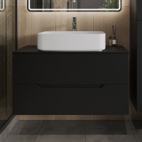 Тумба с раковиной Orange Line 100 подвесная, 2 ящика, матовая черная с раковиной B07-600W