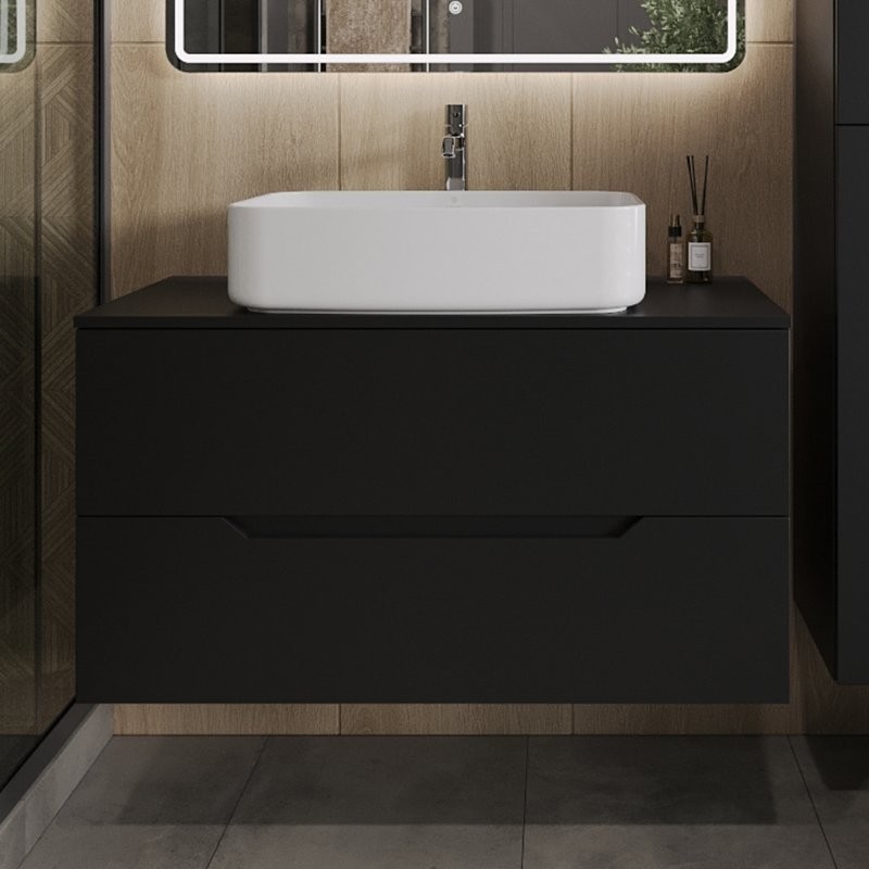 Тумба с раковиной Orange Line 100 подвесная, 2 ящика, матовая черная с раковиной B07-600W