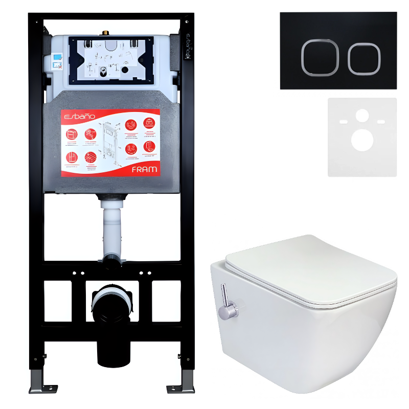 Комплект 3 в 1 Унитаз подвесной Esbano ESWBLEONWN + Инсталляция Fram + Кнопка ESINLPS10MB цвет матовый черный