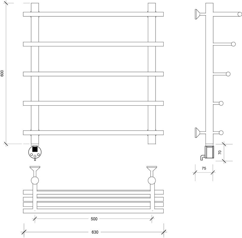 Полотенцесушитель электрический Secado Турин 6 60x55 см, подключение слева, матовый черный, лесенка, с полкой