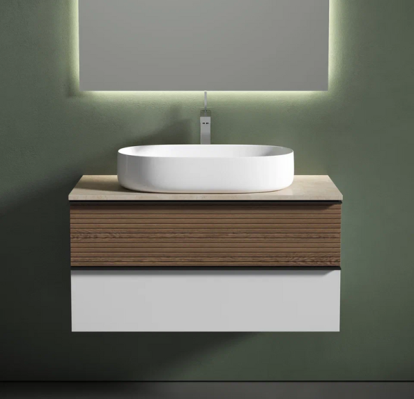 Тумба под раковину со столешницей Sancos Delta 100 дуб светлый, белый, столешница бежевая, с отв. под смеситель