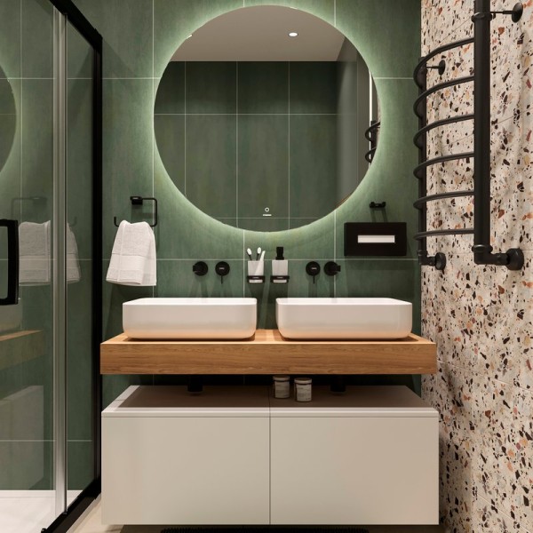 Мебель для ванной комнаты STWORKI Ольборг 120 столешница дуб французский, без отверстий, 2 тумбы 60 + 2 раковины STWORKI Soul 1 белой