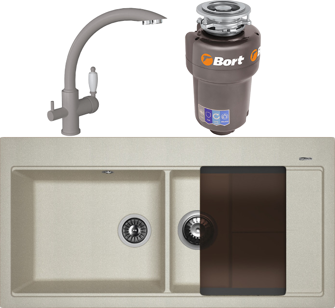 Комплект Мойка Florentina Россана грей + Смеситель Шале FL грей + Измельчитель Bort Titan Max Power FullControl