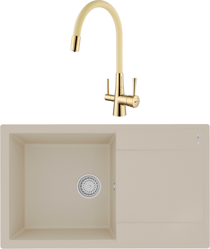 Комплект Мойка Lemark Imandra 840 9910032 бежевая + Смеситель Comfort LM3075G-Beige с гибким изливом, золото, бежевый